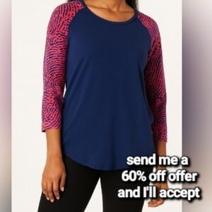 LuLaRoe Raglan Fingerpint Graphic Three Quarter Sleeve Tee Top  Blue Pink Large